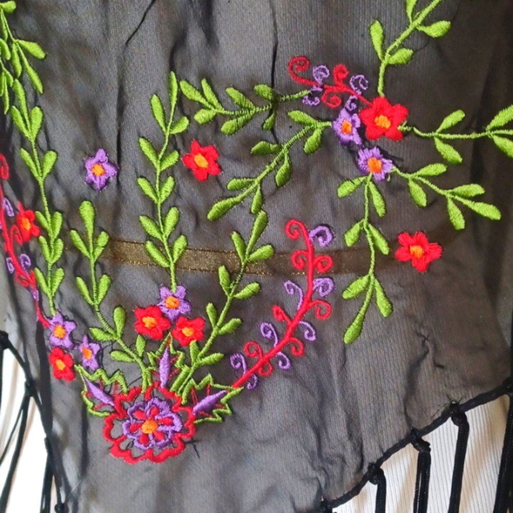 Black Sheer Embroidered Fringed Shawl  - Vintage 2005 - Boho - Whimsigoth